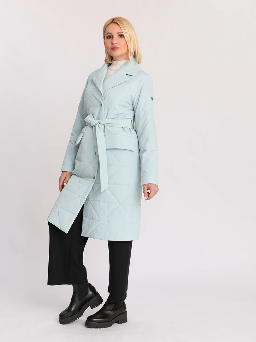 Пальто стеганое светло-голубое с поясом
